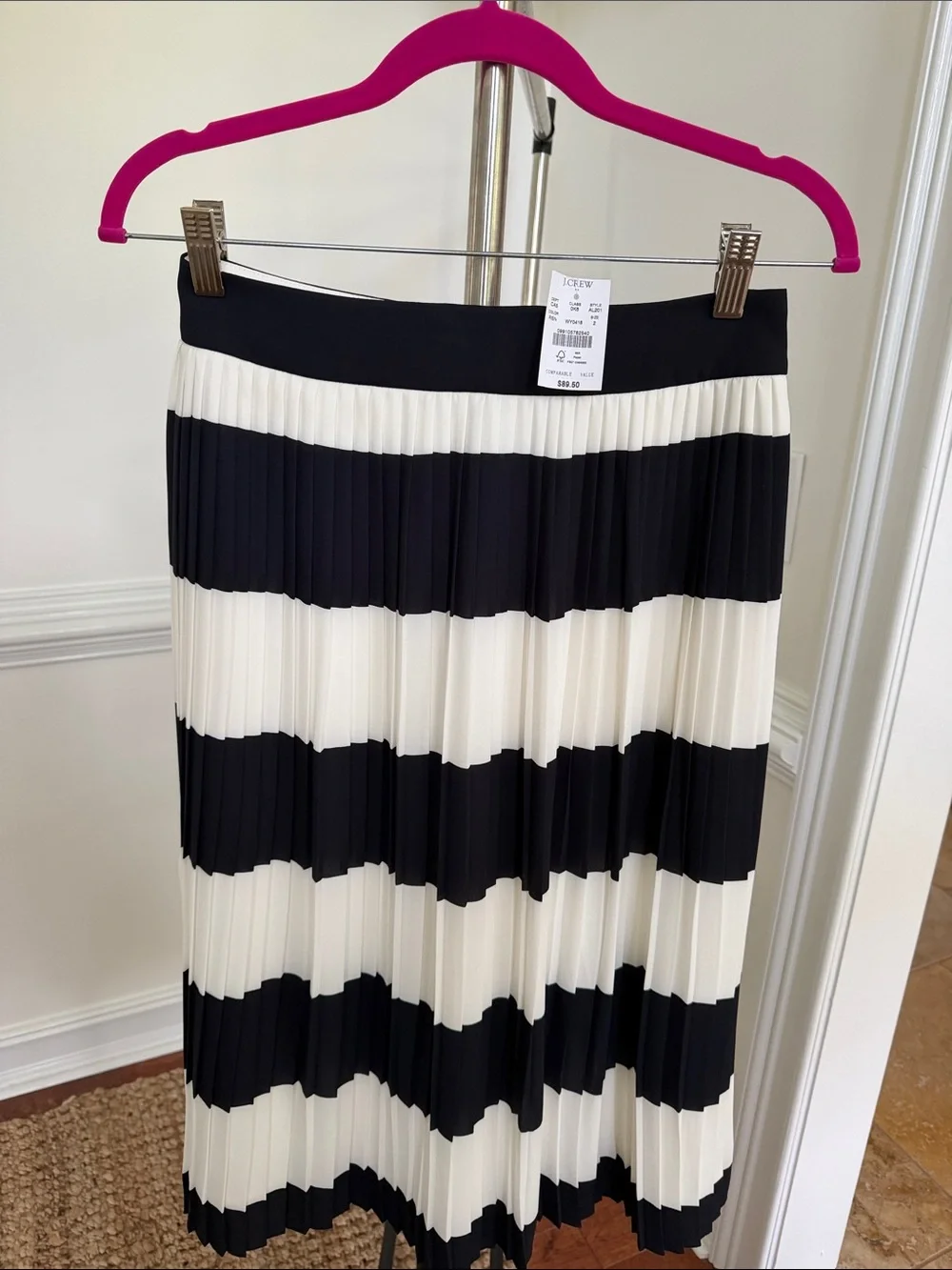 J. Crew navy and White Pleated Striped Midi Skirt